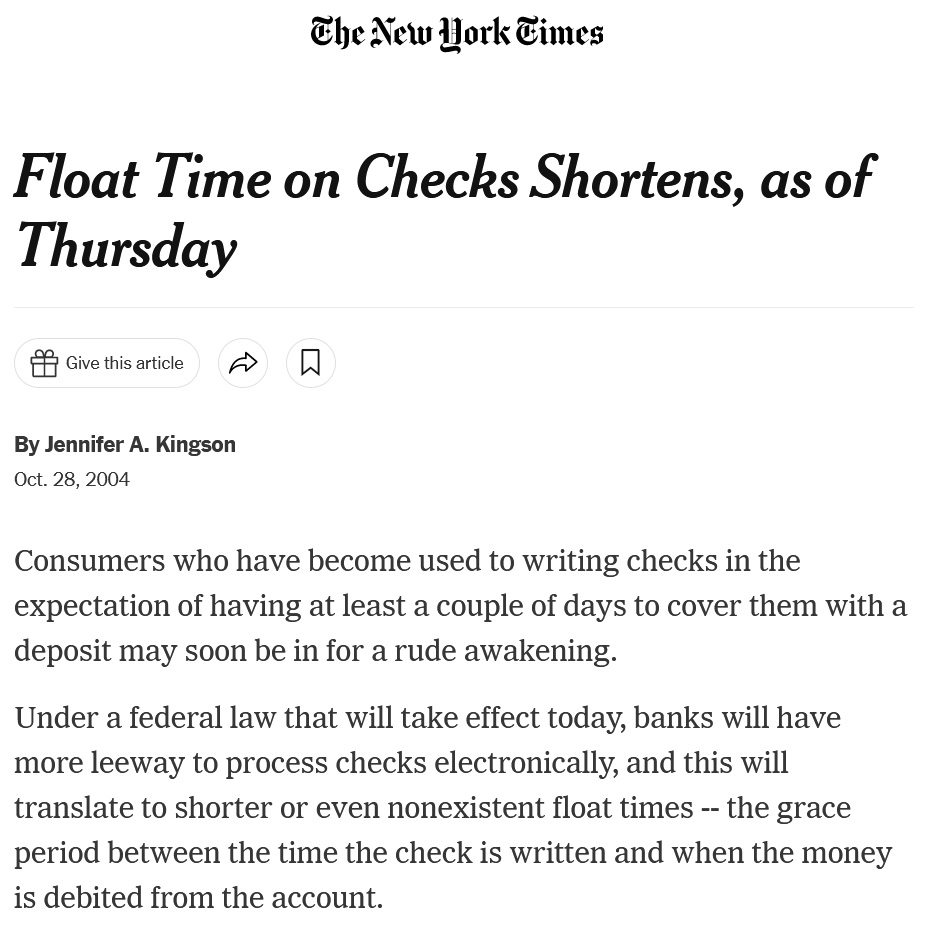 New York Times headline about check float.